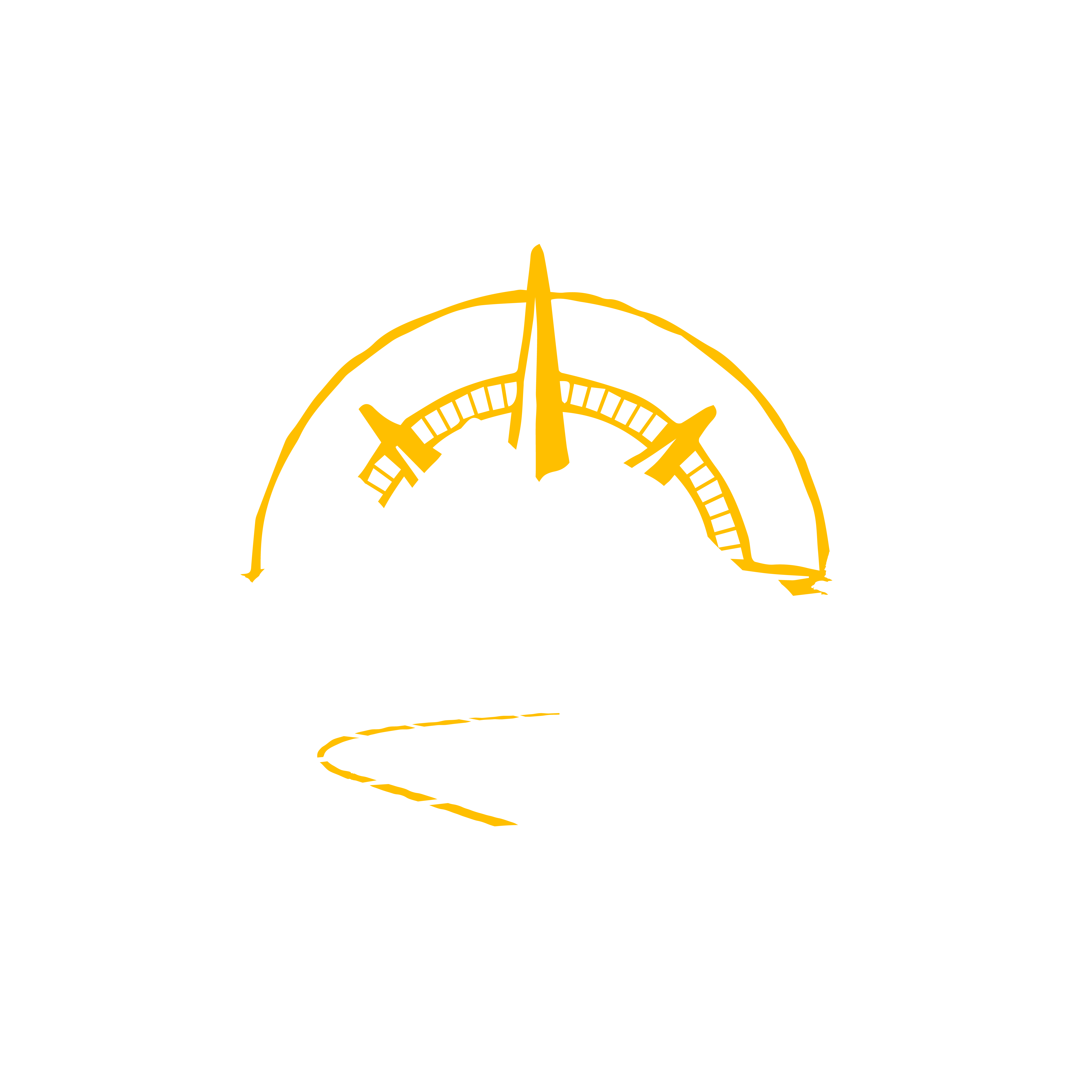 White Logo with road, mountains, and compass representing sun.
